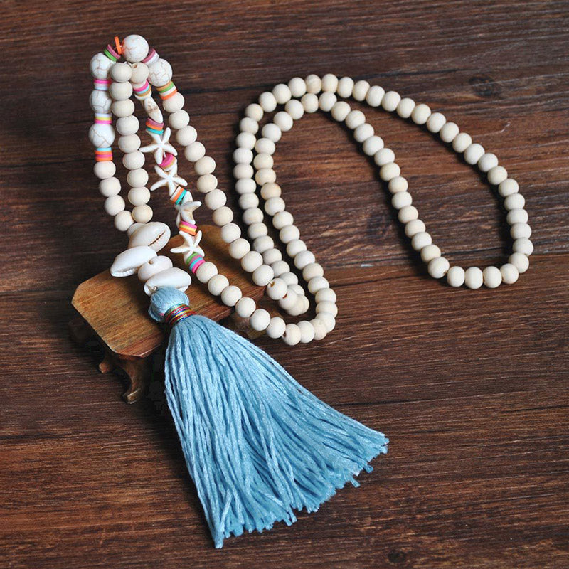 Dashingsoul Vintage Boho Tassel Shaped Turquoise Shell Pendant White Wood Bead Long Necklace