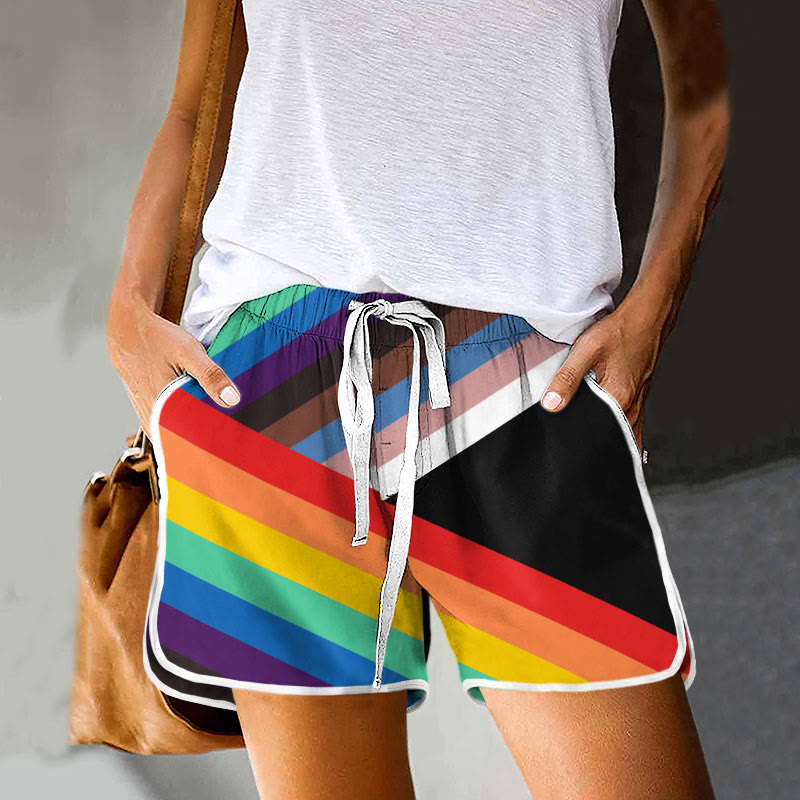 Dashingsoul Rainbow Stripes Lgbt Art Printed Drawstring Pocket Shorts