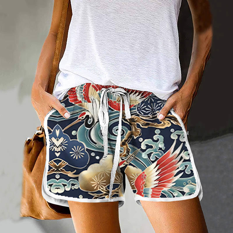 Dashingsoul Women's Vintage Flying Crane And Cloud Print Drawstring Pocket Shorts
