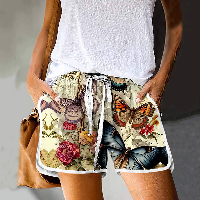 Dashingsoul Women's Colorful Butterfly Collecting Nectar Print Drawstring Pocket Shorts