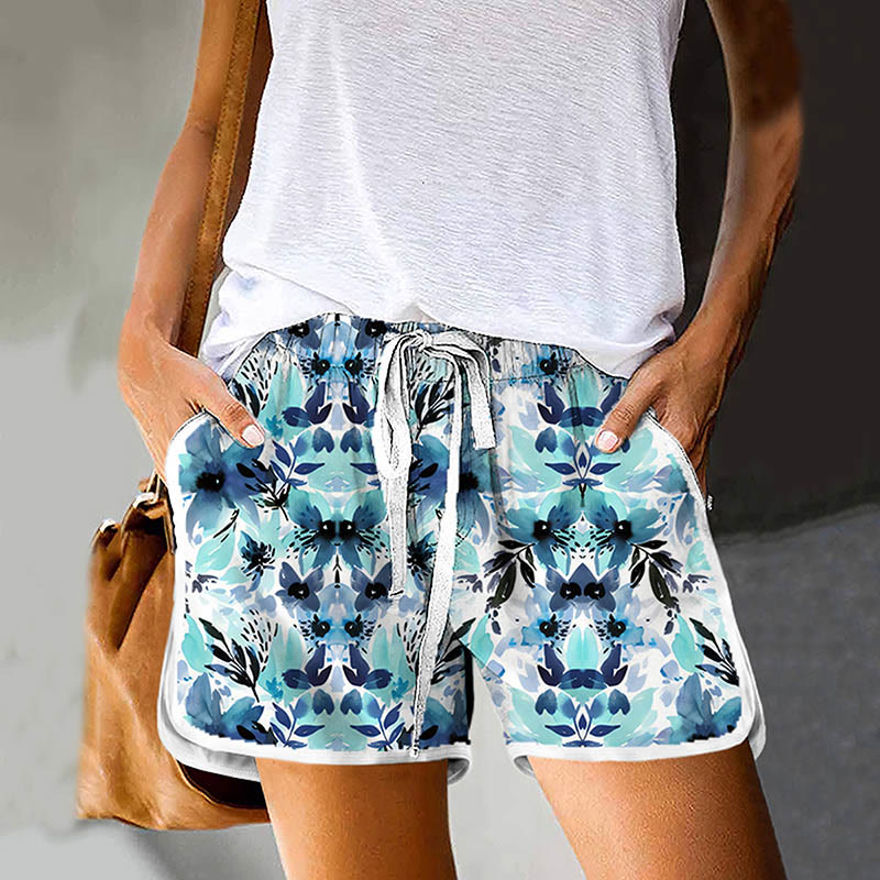 Dashingsoul Women's Vintage Flowers And Leaves Art Print Drawstring Pocket Shorts