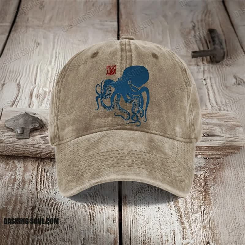 Octopus Japanese Lino Art Print Washed Cap