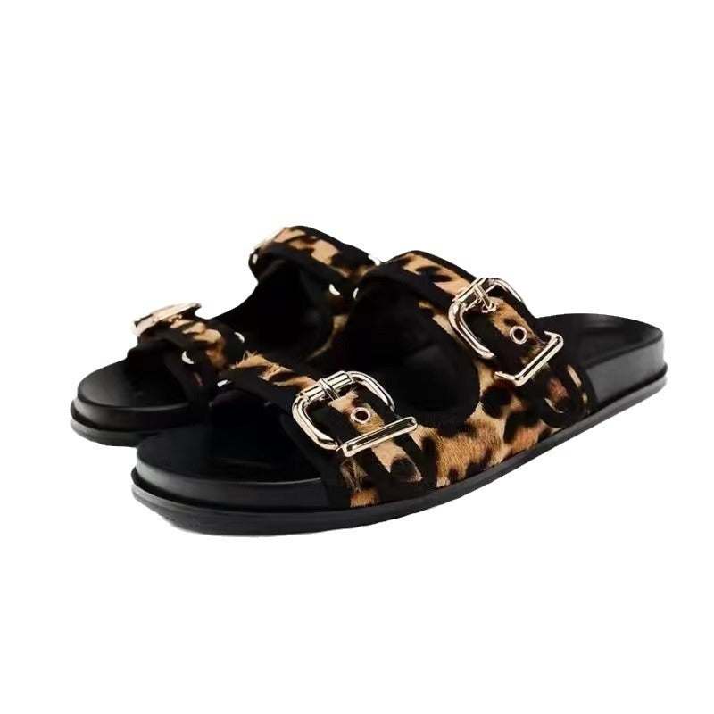 Leopard Double Duckle Open Toe Flats Sandals