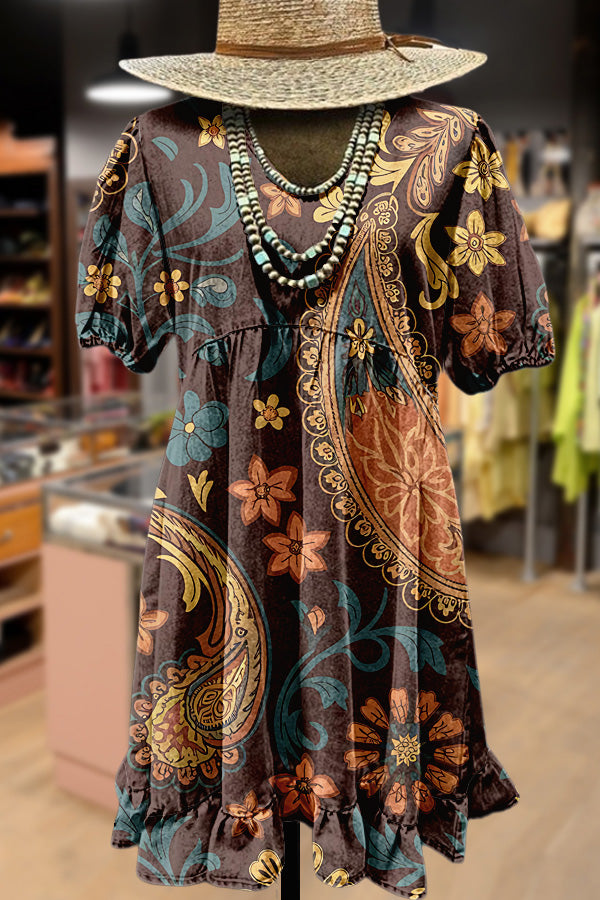 Retro Paisley Print Ruffle Hem Mini Dress