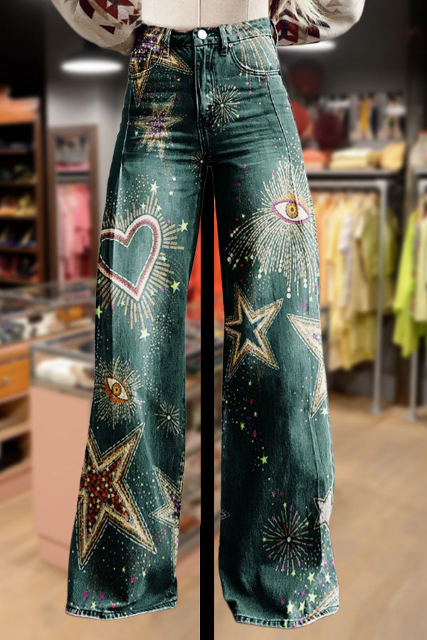 Retro Heart Print Wide Leg Pants