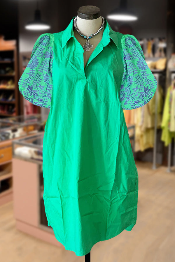 Floral Embroidered Puff Sleeve Midi Dress