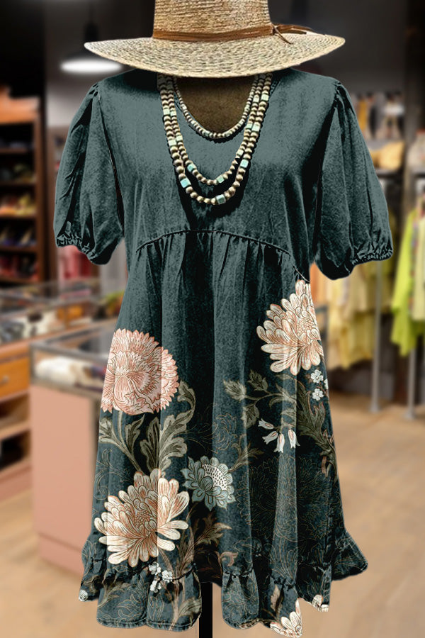 Art Floral Print Ruffle Hem Mini Dress