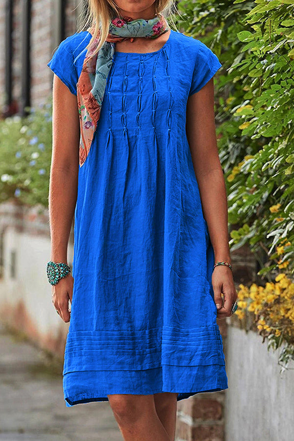 Casual Pleated Short Sleeve Cotton Dress