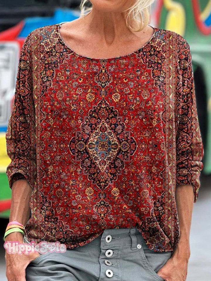 Women's Vintage Art Print V-neck Casual T-Shirt