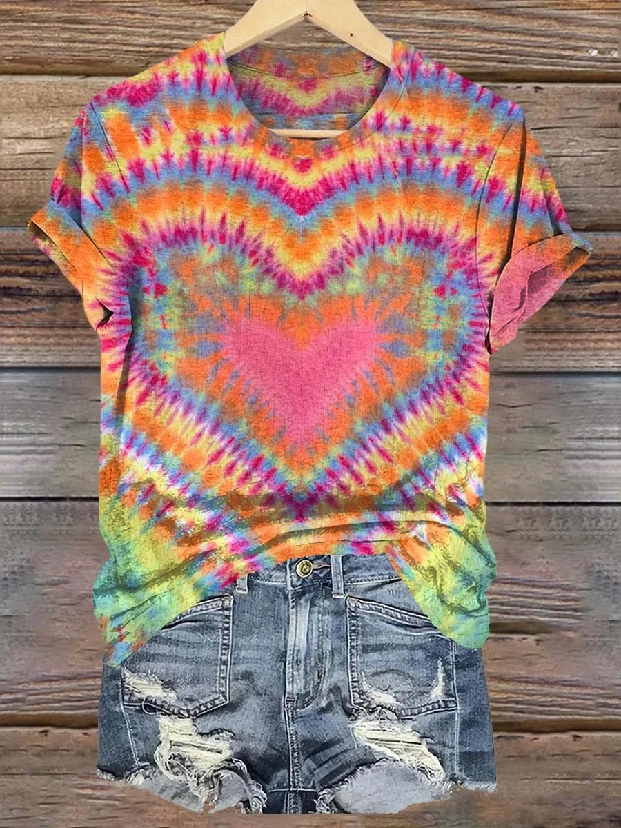 Women's Valentine's Day Colorful Heart Tie Dye Print Casual Long Sleeve Comfortable Cotton Shirt
