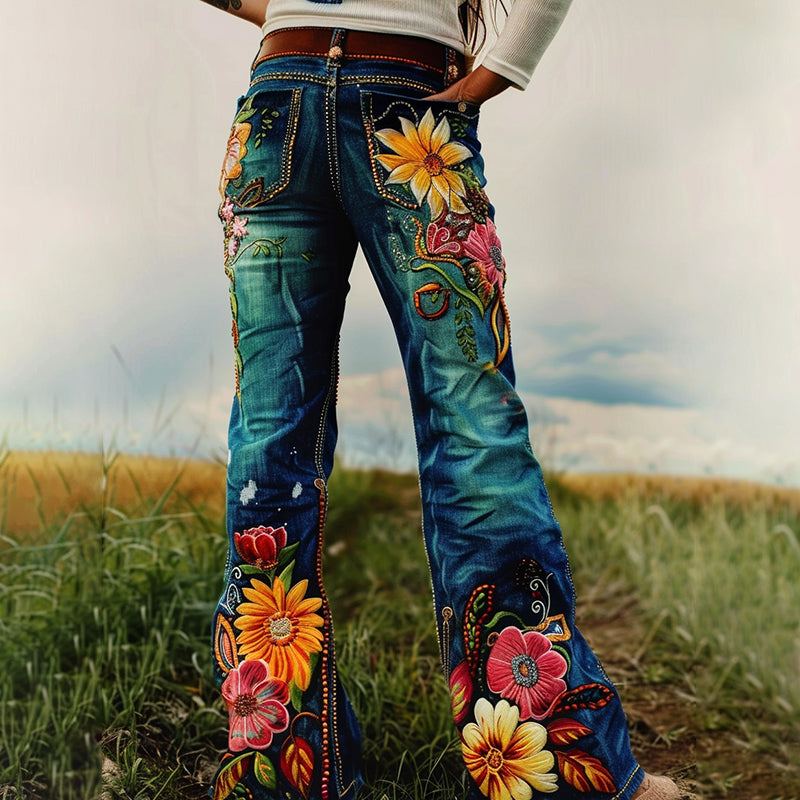 Vintage Artistic Floral Print Western Jeans