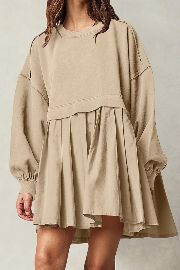 Solid Long Sleeve Pleated Loose Mini Dress