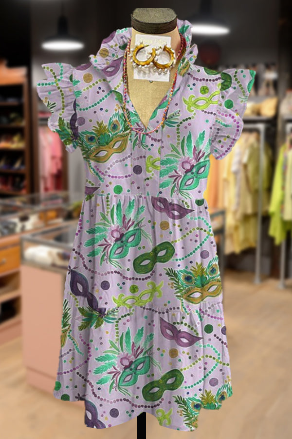 Mardi Gras Print V-Neck Ruffle Sleeve Dress