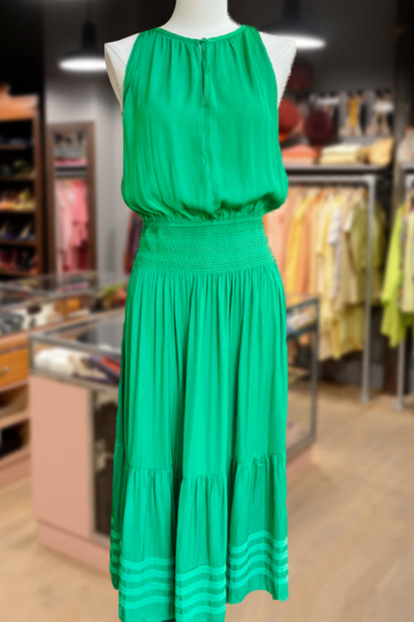 Solid Halter Smocked Waist Tiered Midi Dress