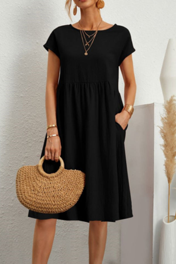 Solid Round Neck Short Sleeve Dress