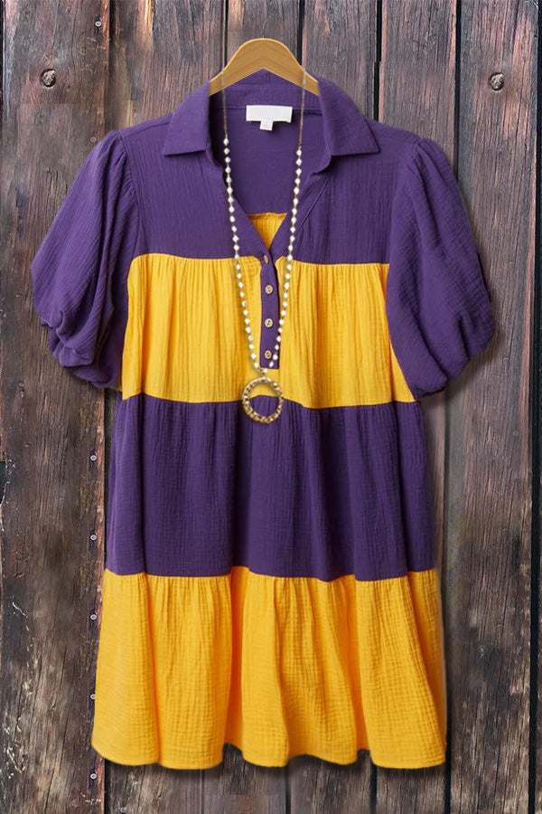 Colorblock Puff Sleeve Collared Tiered Mini Dress