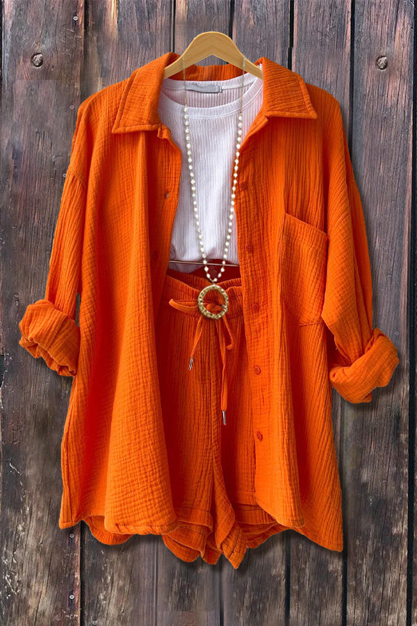 Casual Textured Long Sleeve Blouse & Shorts Set