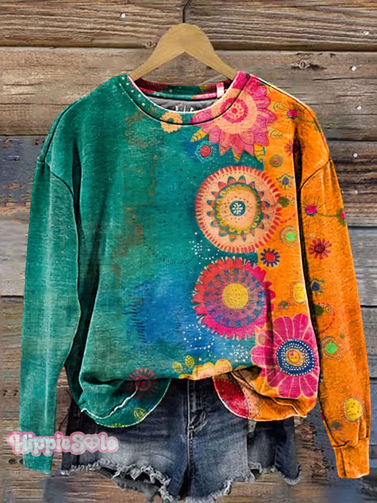 Vintage Love And Peace Flower Art Print Casual Sweatshirt