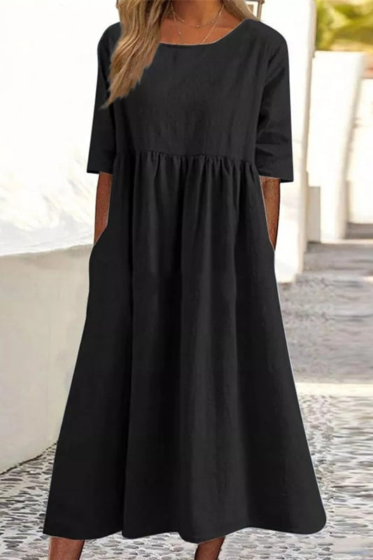 Casual Half Sleeve Pocket Design Linen Dress