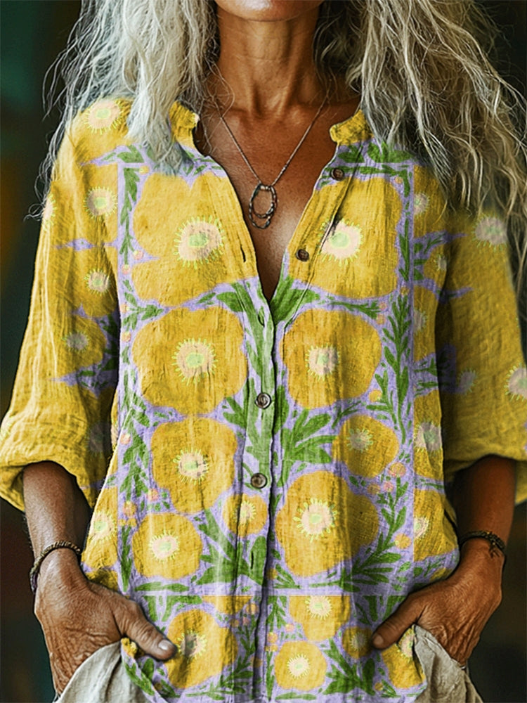 Women's Floral Pattern Art Print Casual Cotton Linen Shirt