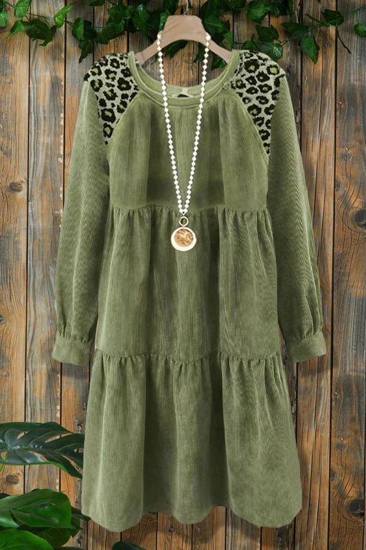 Vintage Corduroy Leopard Print Crew Neck Dress