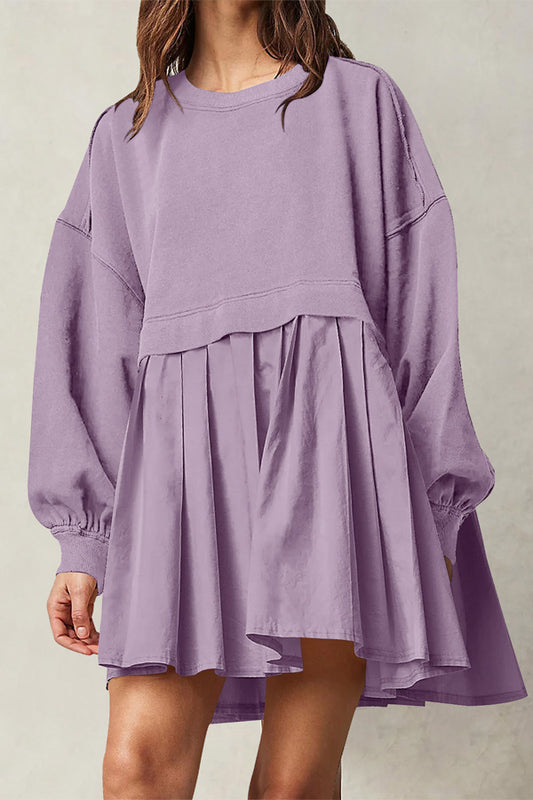 Solid Long Sleeve Pleated Loose Mini Dress