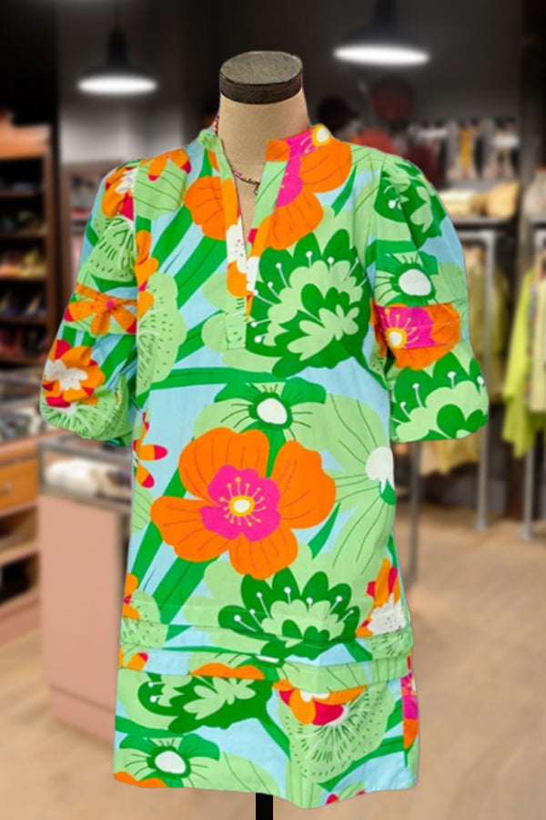 Floral Print Puff Sleeve Pleated Dress