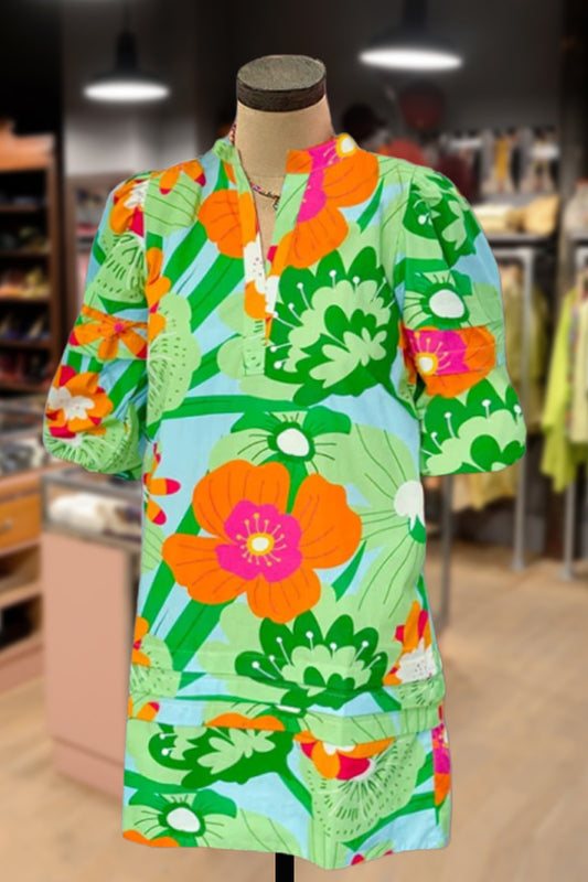 Floral Print Puff Sleeve Pleated Dress