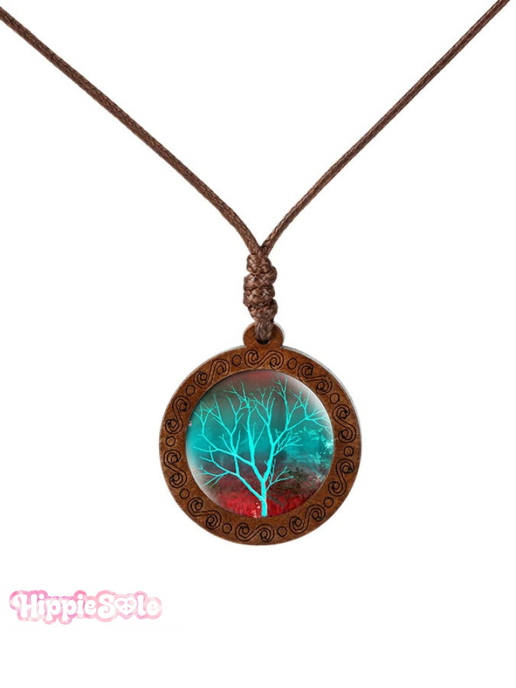 Wood Tree of Life Time Gemstone Glass Pendant Necklace
