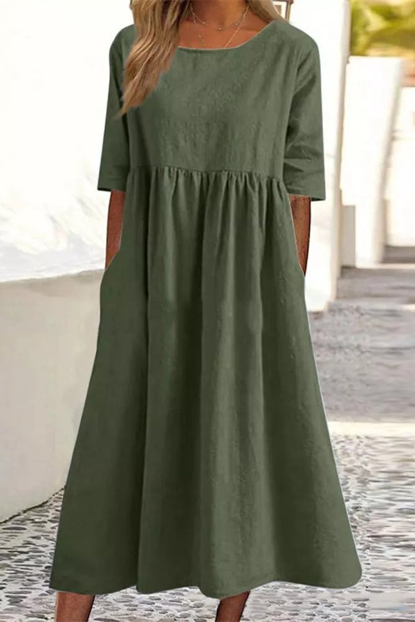 Casual Half Sleeve Pocket Design Linen Dress