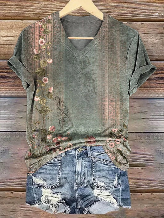 Women's Retro Ethnic Flowers Print V-neck Casual T-Shirt