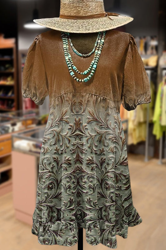 Vintage 3D Floral Print Ruffle Hem Dress