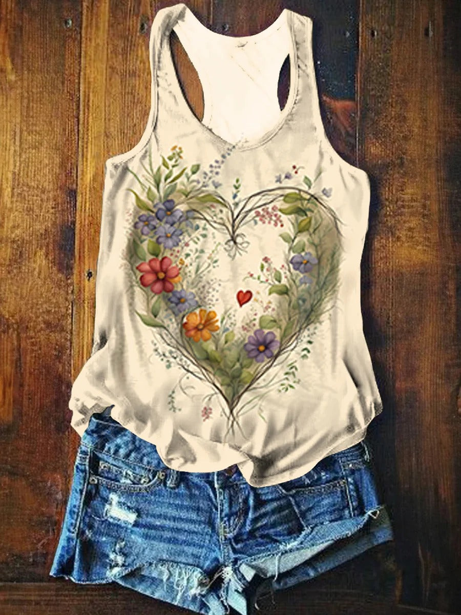Women's Floral Heart Art V-Neck Casual T-Shirt