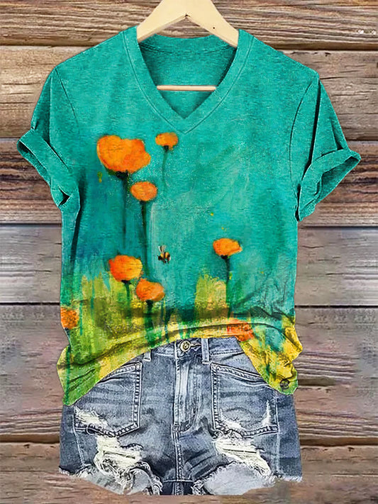 Women's Vintage Floral Art Print V-neck Casual T-Shirt-1