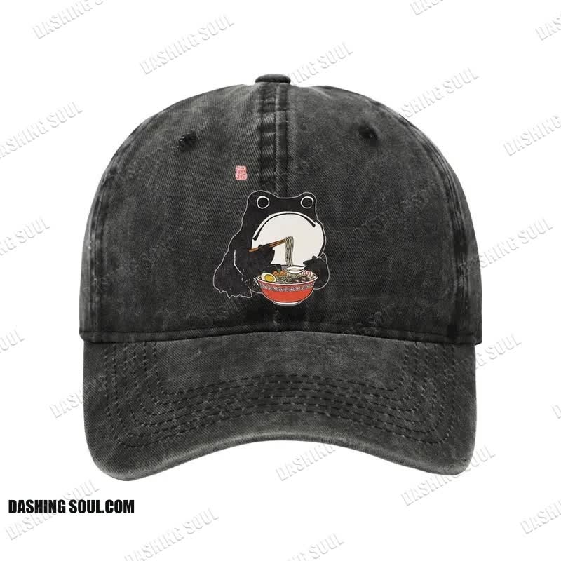Unisex 100% Cotton Funny Frog Eating Ramen Vintage Print Cap