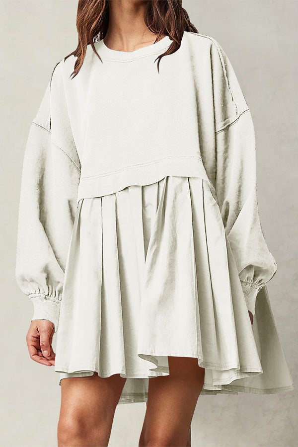 Solid Long Sleeve Pleated Loose Mini Dress