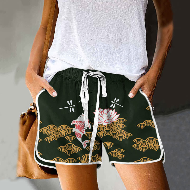 Dashingsoul Japanese Style Koi Fish Dragonfly Wave Art Print Drawstring Pocket Shorts