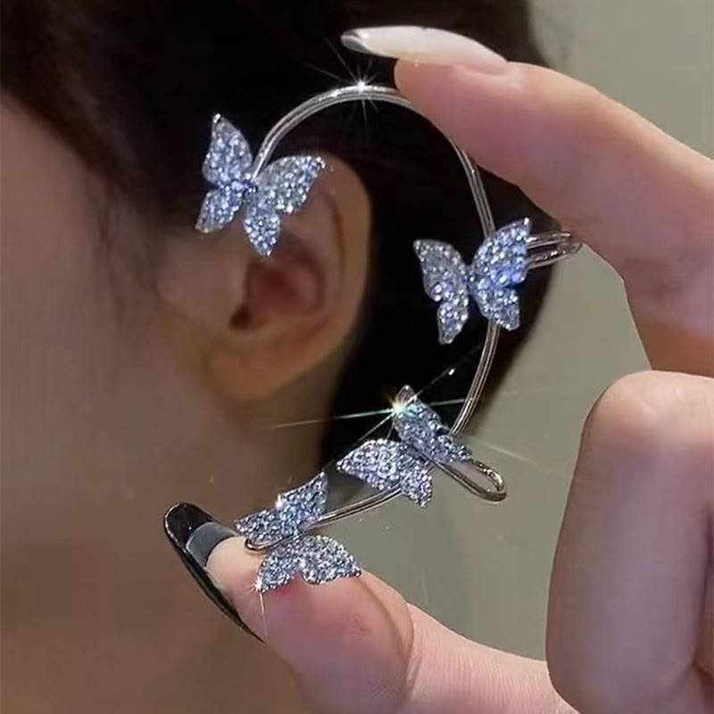 Dashingsoul Fashionable Clip-on Earrings Silver Metal Butterfly Ear Clips Without Piercing For Women Shiny Zircon Ear Clips