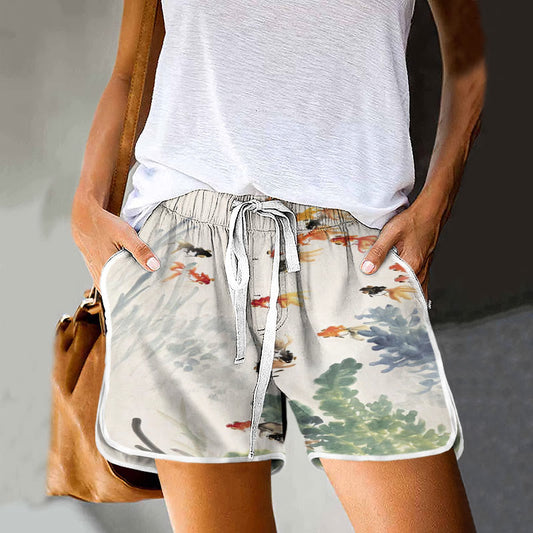 Dashingsoul Women's Watercolor Goldfish Art Print Drawstring Pocket Shorts