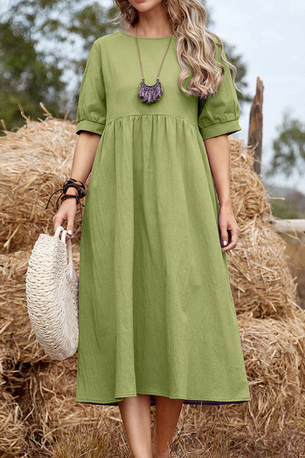 Casual Short Sleeve Round Neck Linen Midi Dress
