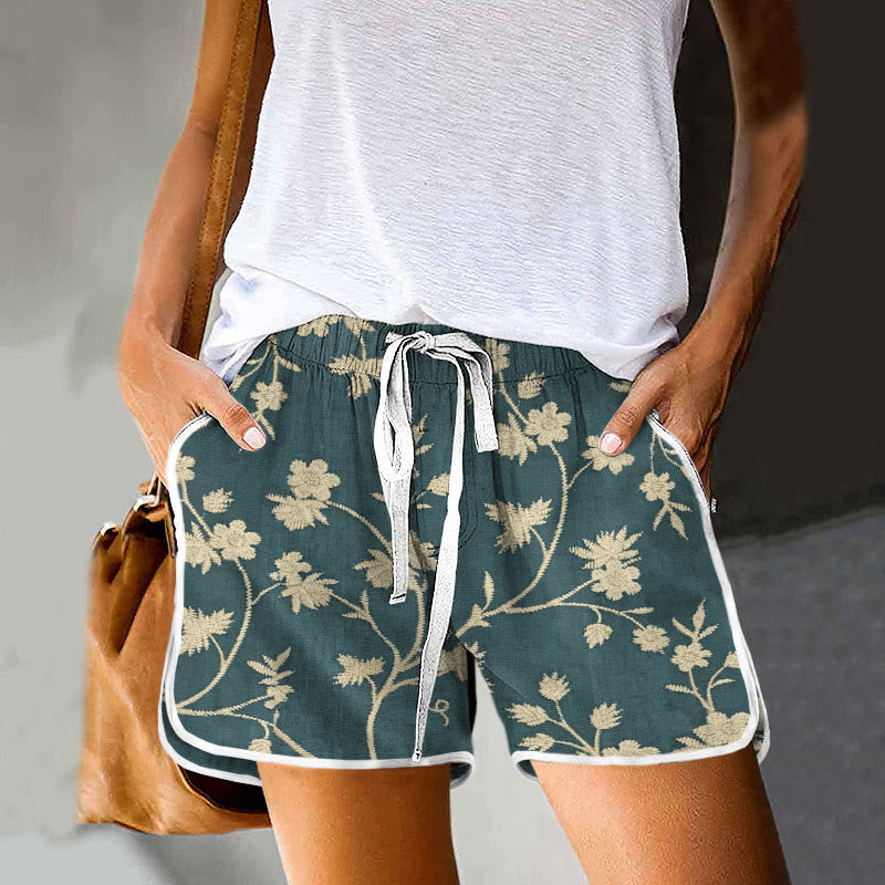 Dashingsoul Women's Retro Floral Print Drawstring Pocket Shorts
