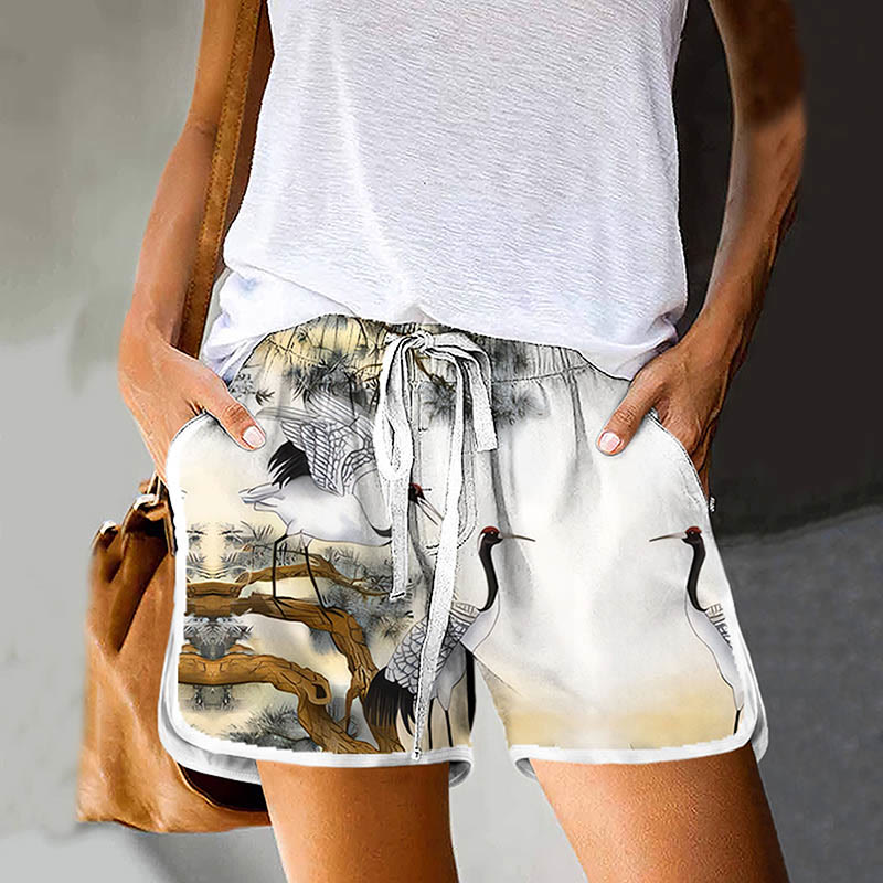 Dashingsoul Women's Oil Painting Red-crowned Crane Art Print Drawstring Pocket Shorts