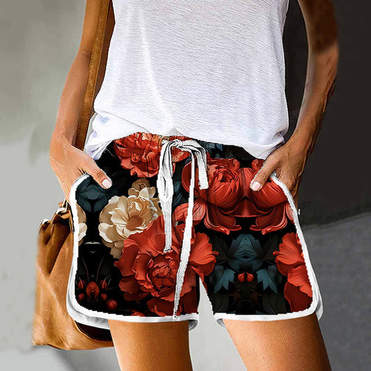 Dashingsoul Women's Fantasy Rose Blossom Art Print Drawstring Pocket Shorts