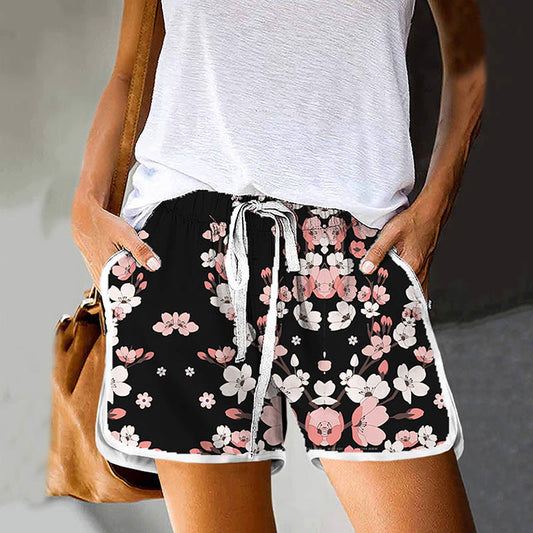 Dashingsoul Women's Watercolor Cute Sakura Art Print Drawstring Pocket Shorts