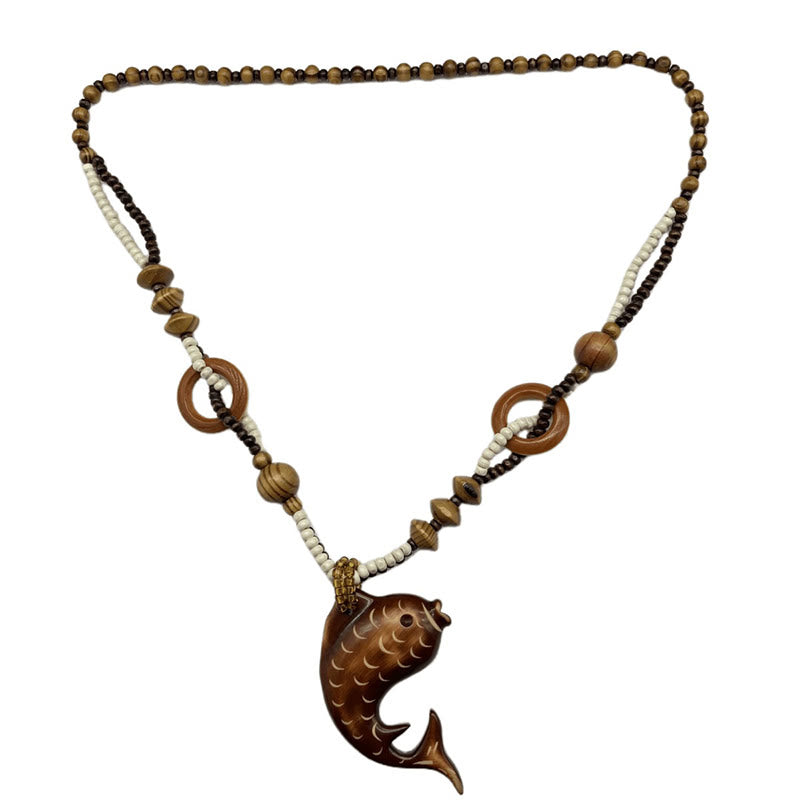 Dashingsoul Vintage Bohemian Fish Pendant Wood Beads Long Necklace
