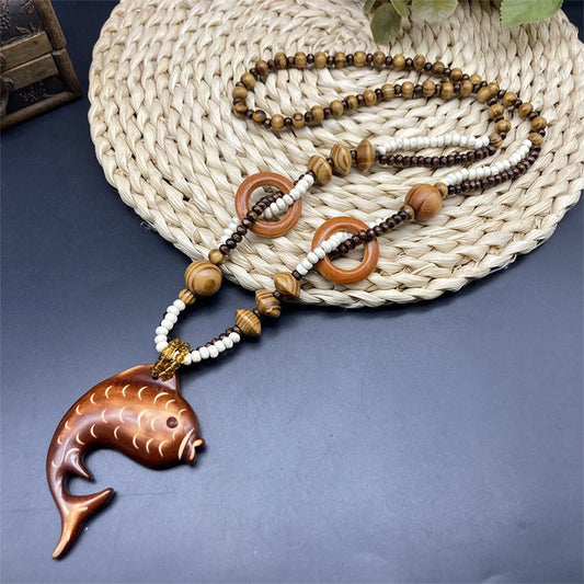 Dashingsoul Vintage Bohemian Fish Pendant Wood Beads Long Necklace