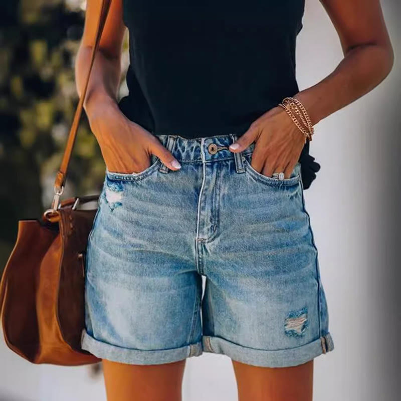 Dashingsoul Casual Ripped Hem High Waist A-line Denim Shorts