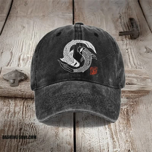 Carp Fish Contrast Japanese Lino Art Print Washed Cap