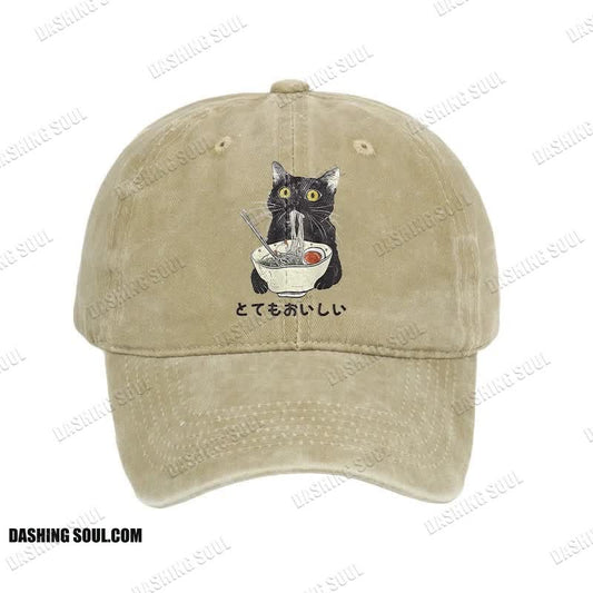 Unisex 100% Cotton Cats Eat Ramen Noodles Vintage Print Cap