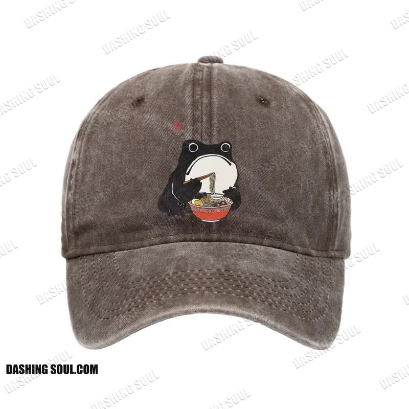 Unisex 100% Cotton Funny Frog Eating Ramen Vintage Print Cap